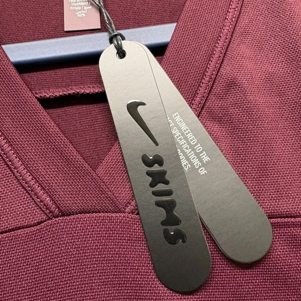 Nike X Skims Top Womens XS Maroon Currant V Neck Oversized Tee Sport New